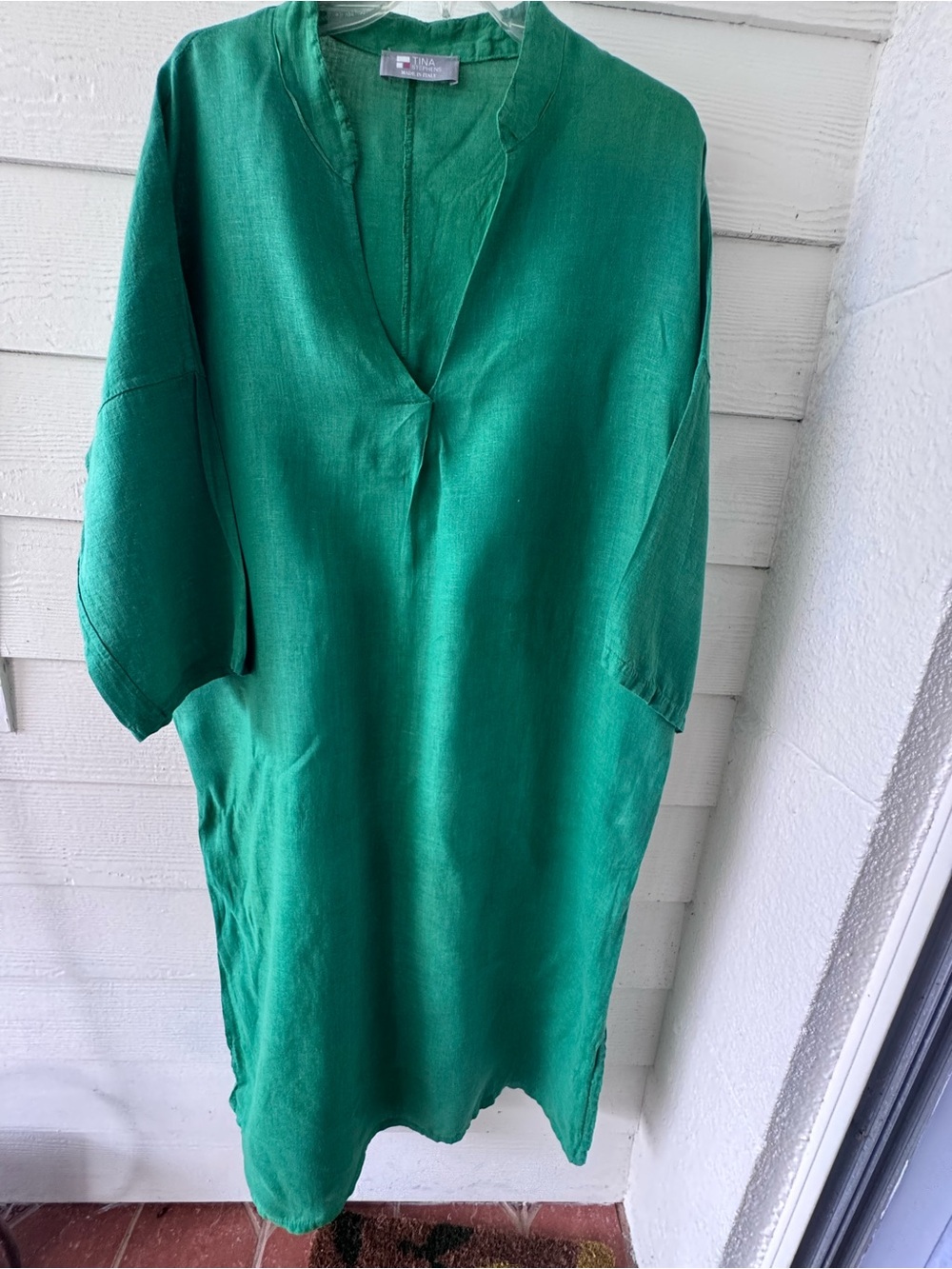 Tina Stephens Green 100%  Linen V-Neck Long Dress Italy Large